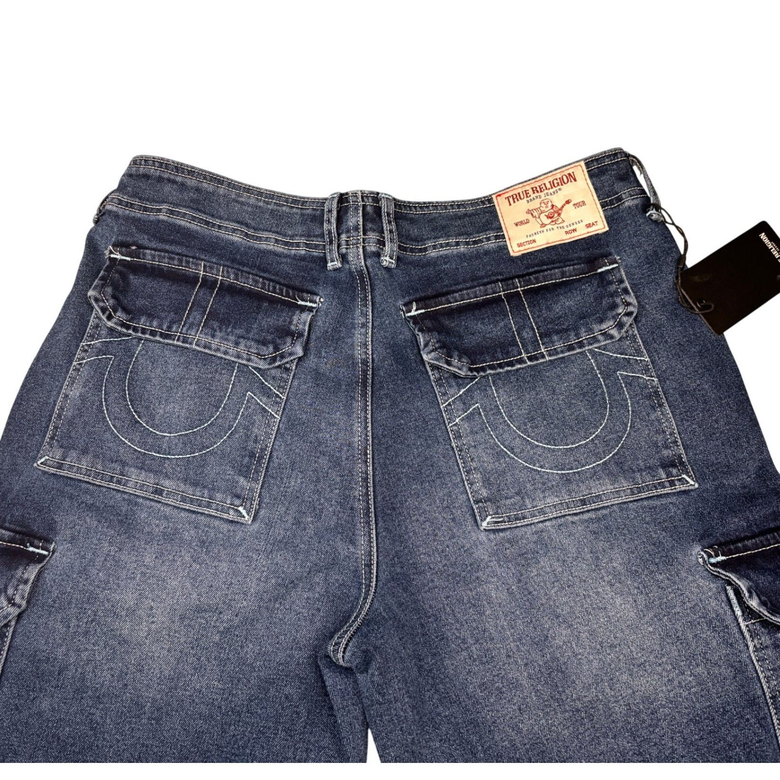 True Religion Cargo Jeans Women 29 Blue W Leg High Rise Horseshoe Dark Wash Nwt
